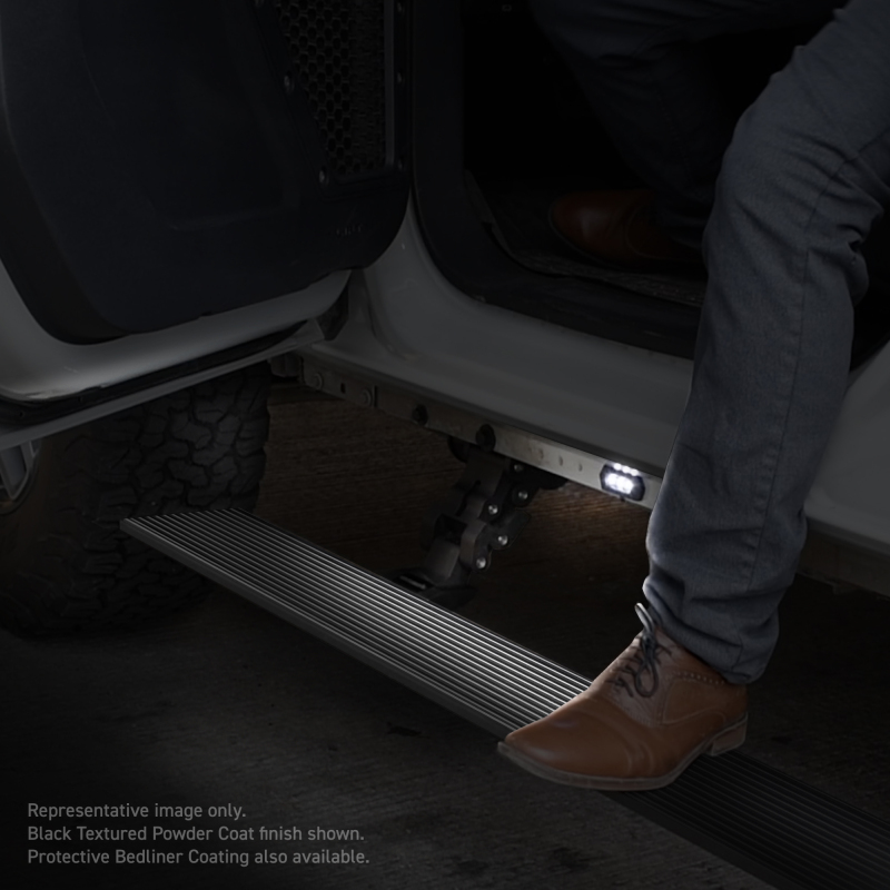 Ford F-150 Running Boards - Go Rhino - VoltStep Electric, 6-inch Aluminum, Dual-Motor, Integrated LED, Bedliner Coating - Black - `15-`24